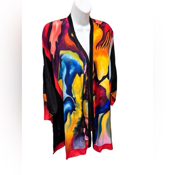 VTG Dilemma by Dhun Shroff 100% Silk Abstract Art To Wear Kimono Cardigan OS NWT - Picture 1 of 5